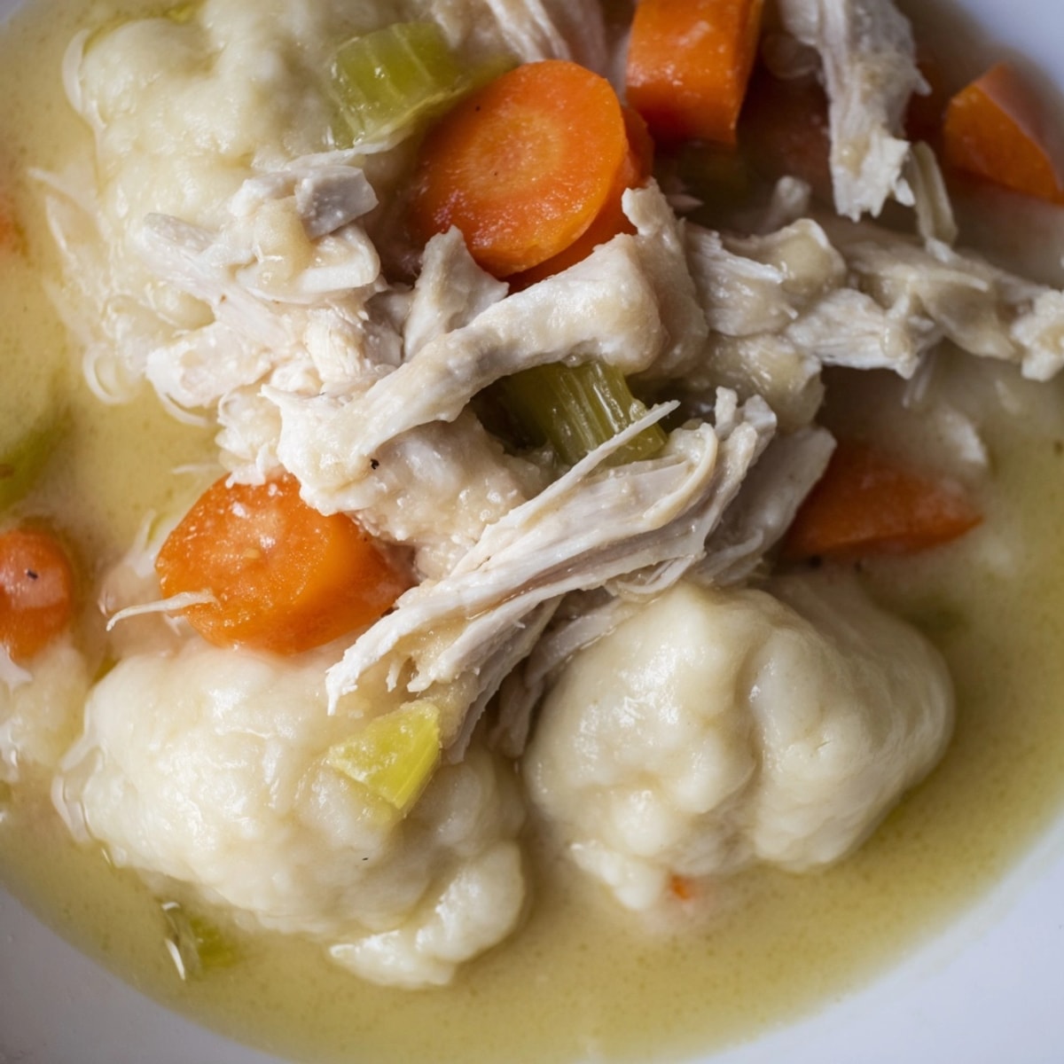 Creamy Chicken and Dumplings recipe: Golden brown chicken pieces in a steaming, rich broth.