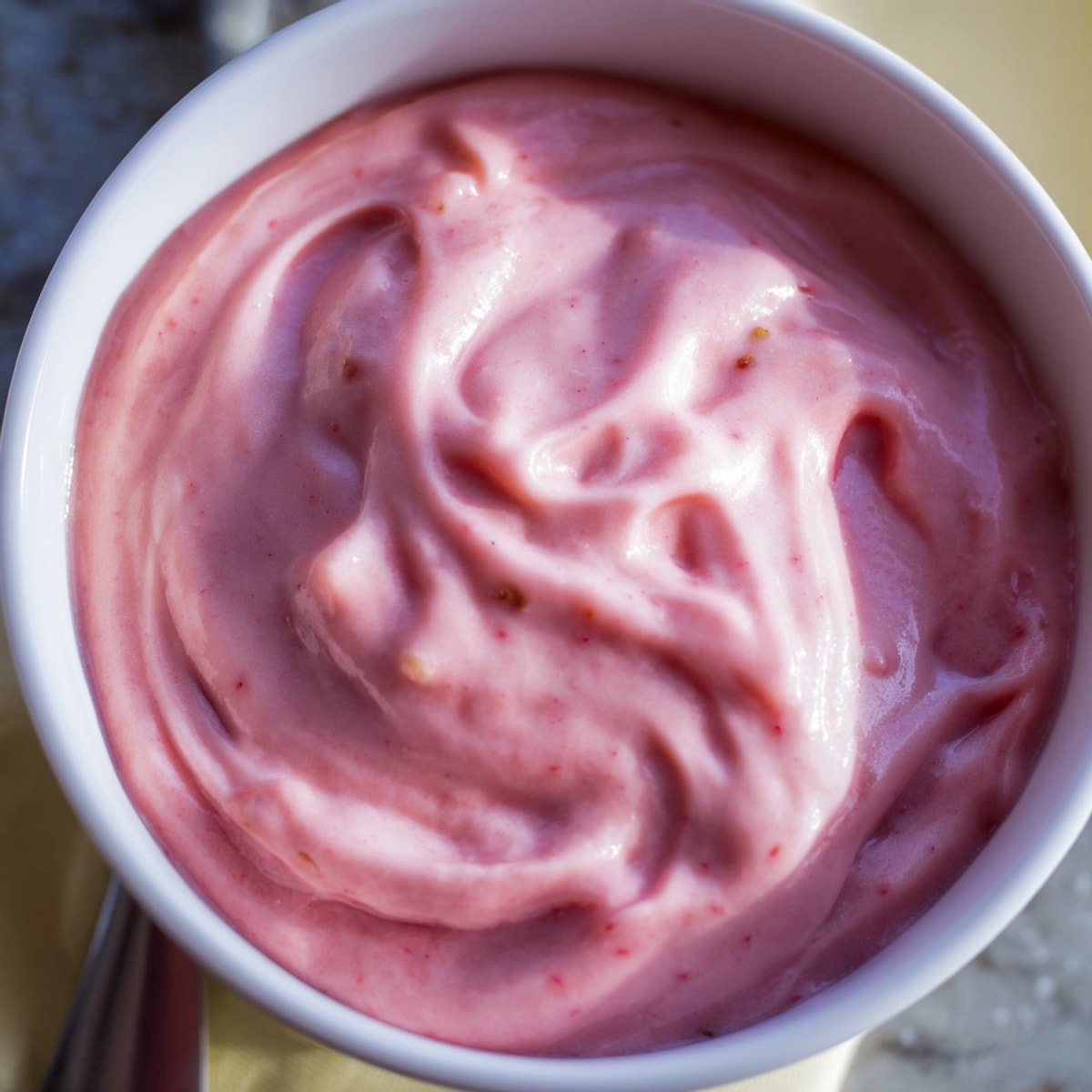 Creamy fruit smoothie recipe swirling with vibrant pink strawberries and ripe banana.