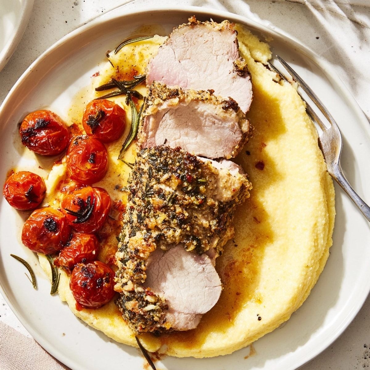 Herb-Crusted Pork Tenderloin glistens, roasted golden brown, ready to carve for dinner.