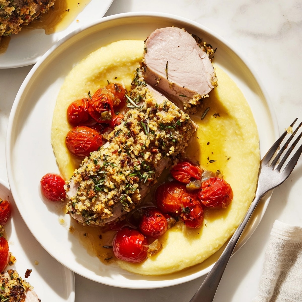 Juicy Herb-Crusted Pork Tenderloin recipe: see the crispy crust and vibrant side dish.