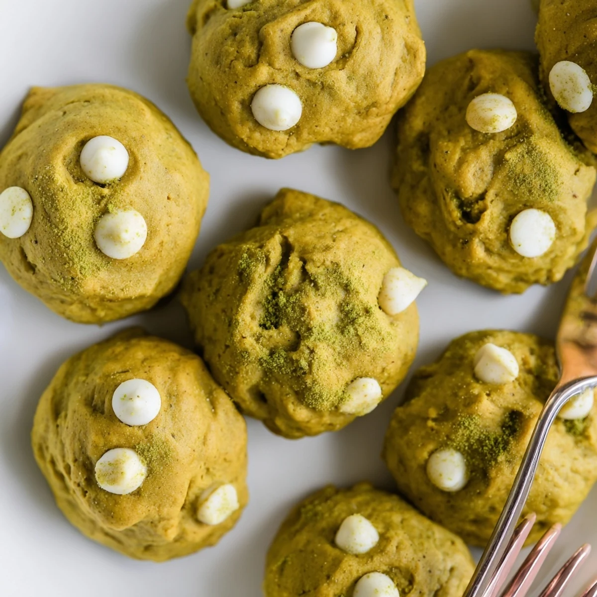 Golden-brown matcha pumpkin cookies displayed on a plate, inviting autumn flavors inside.