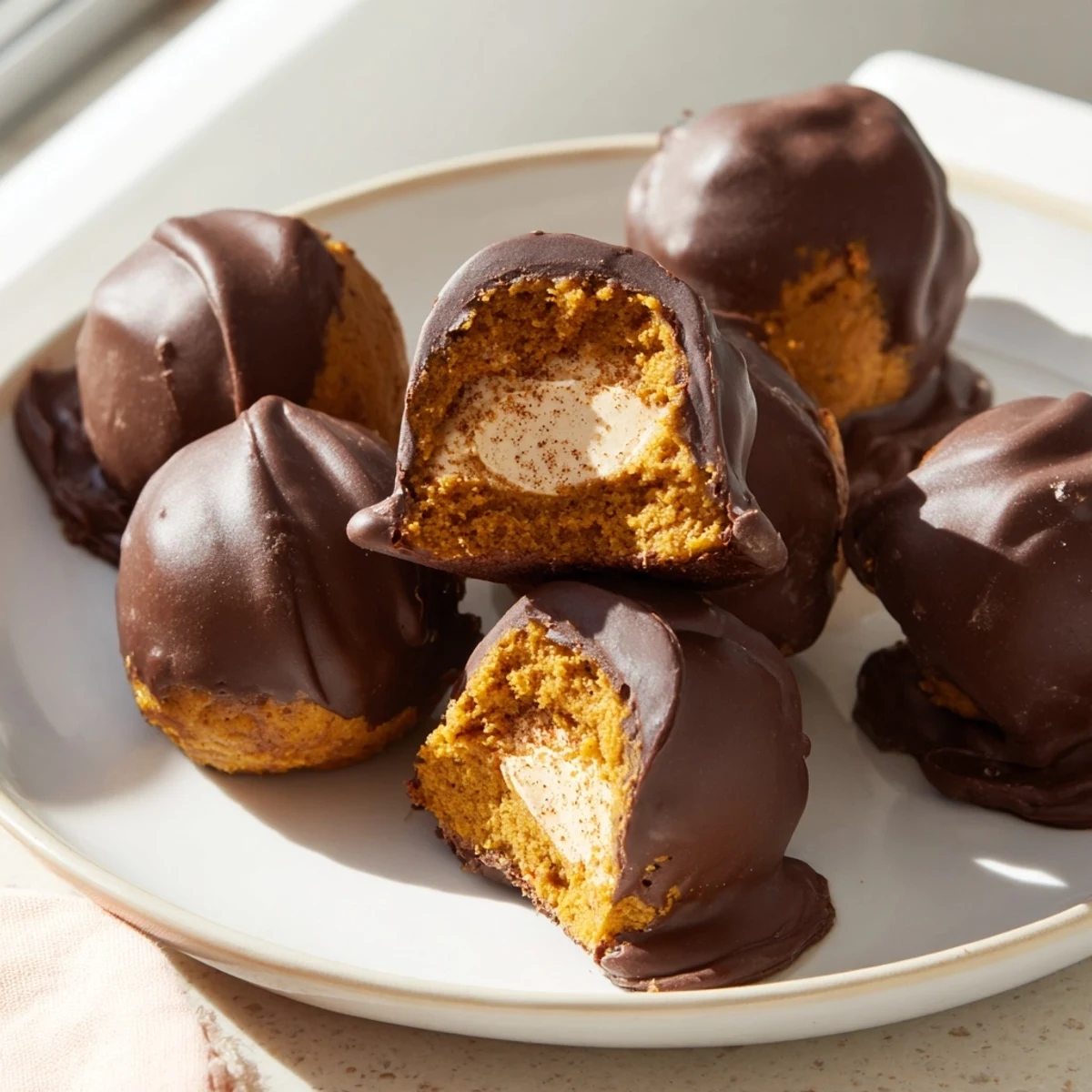 Creamy pumpkin ice cream nestled between gingerbread muffin halves, drizzled with smooth chocolate.