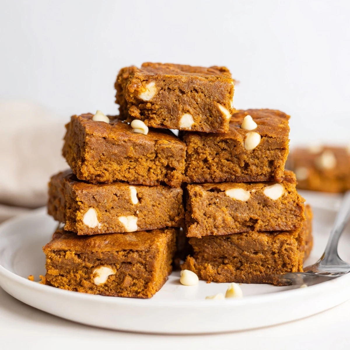 Fabulous pumpkin muffin white chocolate chip bars, speckled with rich white chocolate chips.