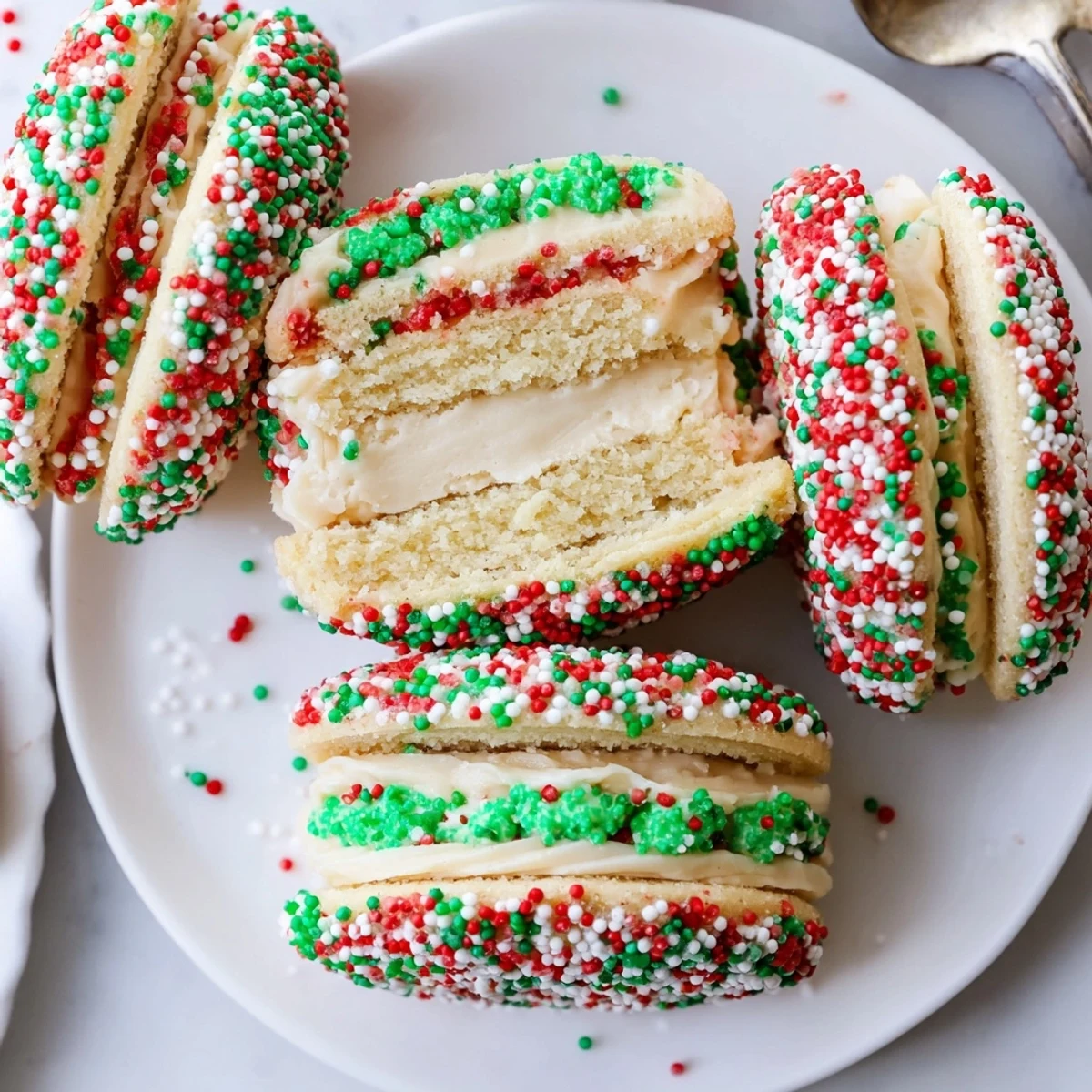 Buttery sugar cookie sandwiches filled with creamy frosting and festive sprinkles.  