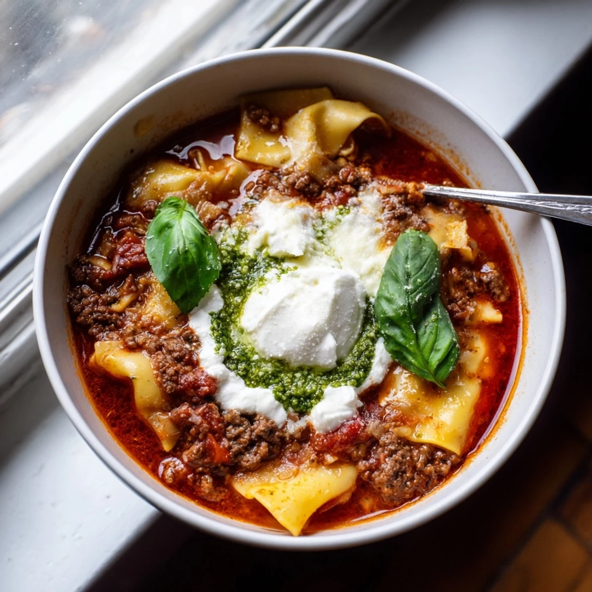 Hearty Lasagne Soup with Pesto Drizzle, garnished with creamy ricotta and fresh basil.  