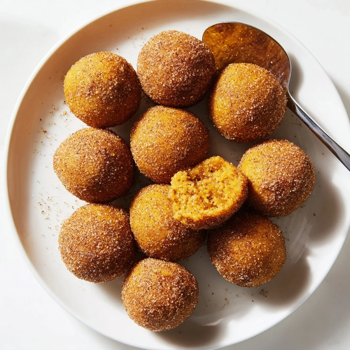 Delicious bite-size pumpkin muffin balls topped with cinnamon sugar for a festive treat.  
