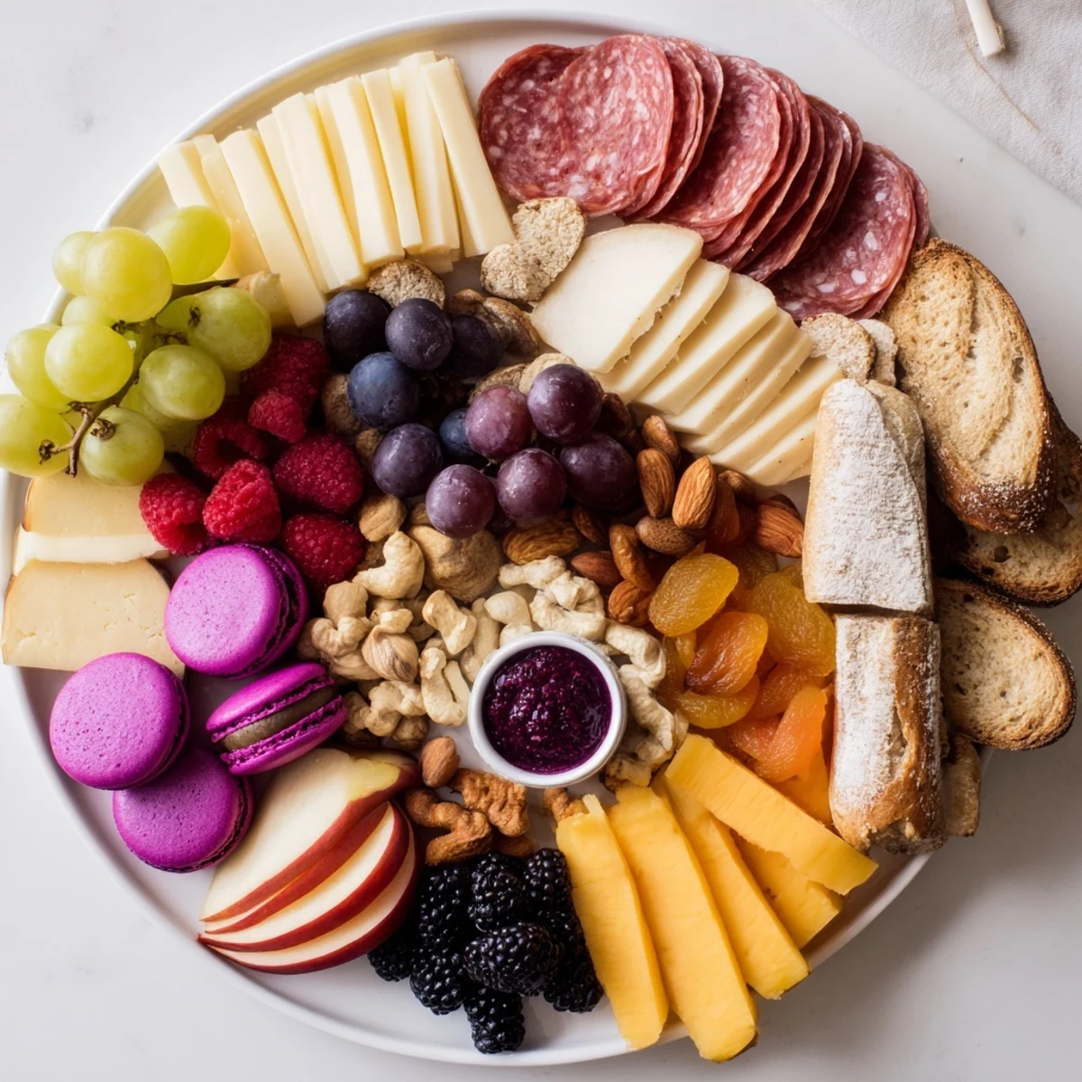A stunning charcuterie board featuring vibrant ube macarons and fresh fruits.  