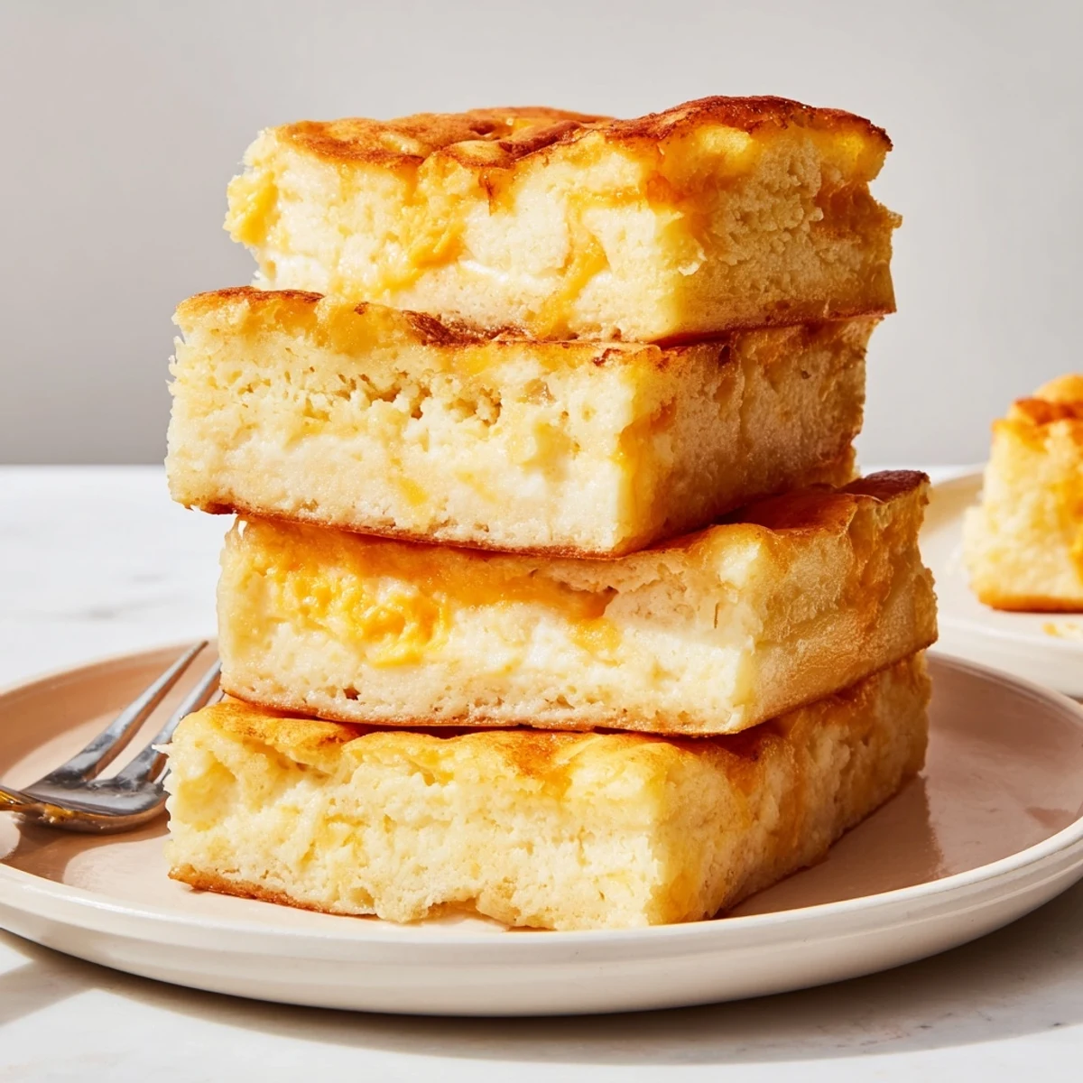 Soft cream cheese cheddar pancake bars drizzled with maple syrup for a delightful brunch.  