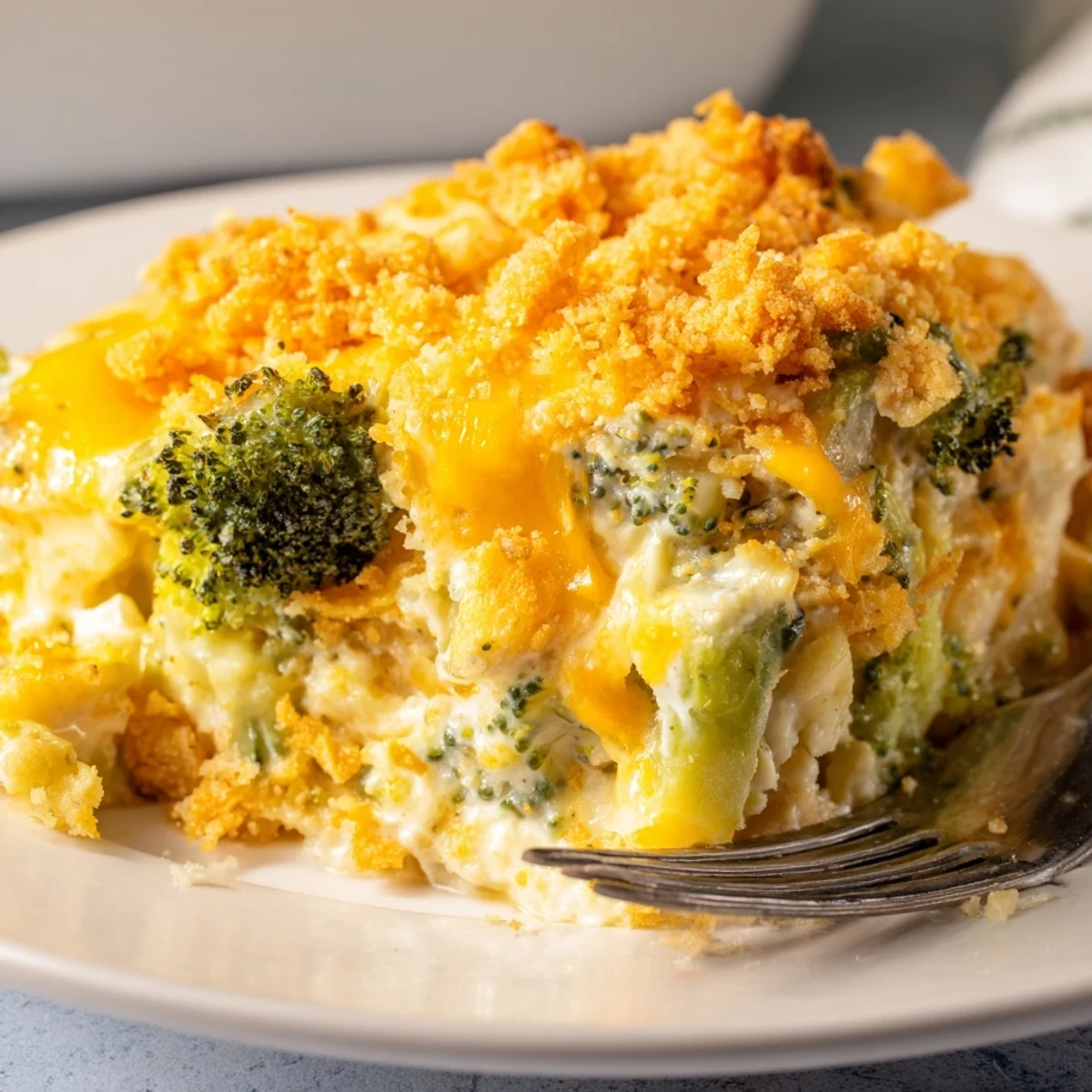 Creamy Cheesy Broccoli Casserole topped with crispy crackers, ideal for family gatherings.  