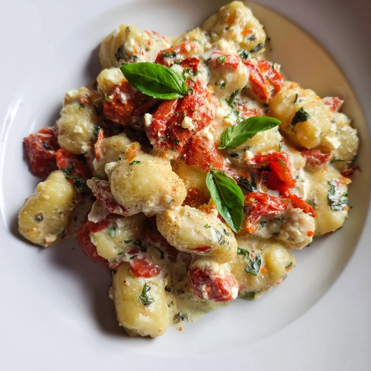 Creamy Baked Feta Gnocchi topped with blistered cherry tomatoes and fresh herbs.  