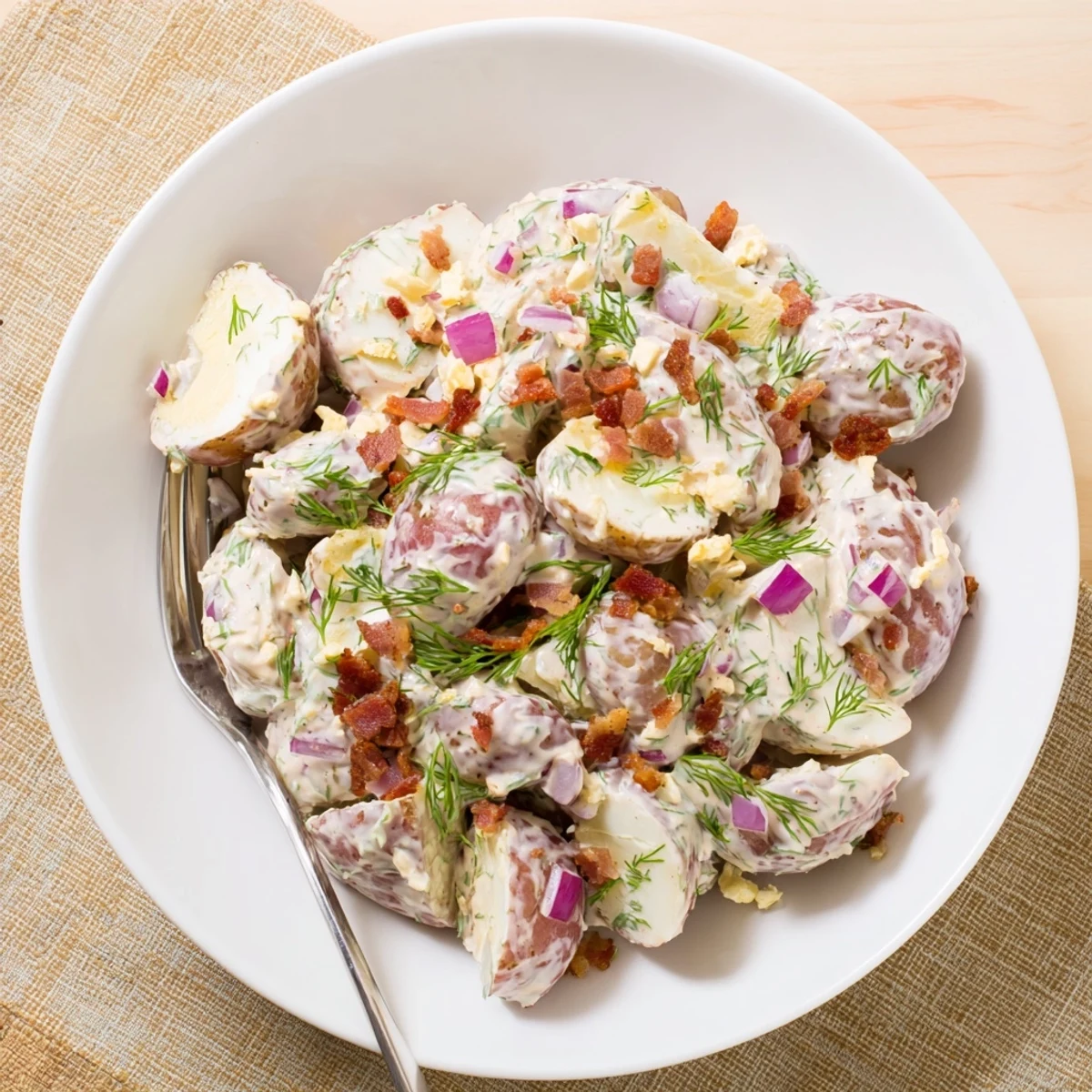 Creamy ranch potato salad with fresh vegetables in a vibrant bowl.  