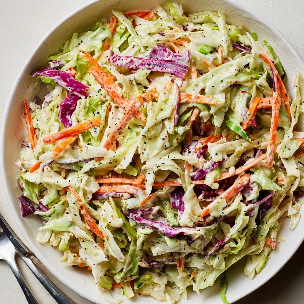 Crisp classic coleslaw bursting with fresh cabbage and creamy dressing on display.  