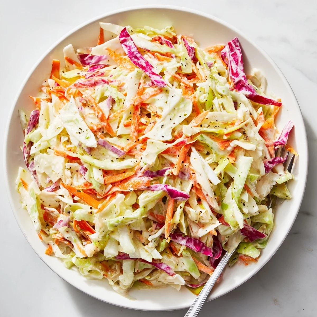 Tangy classic coleslaw piled high, perfect alongside barbecue or fried chicken dishes.