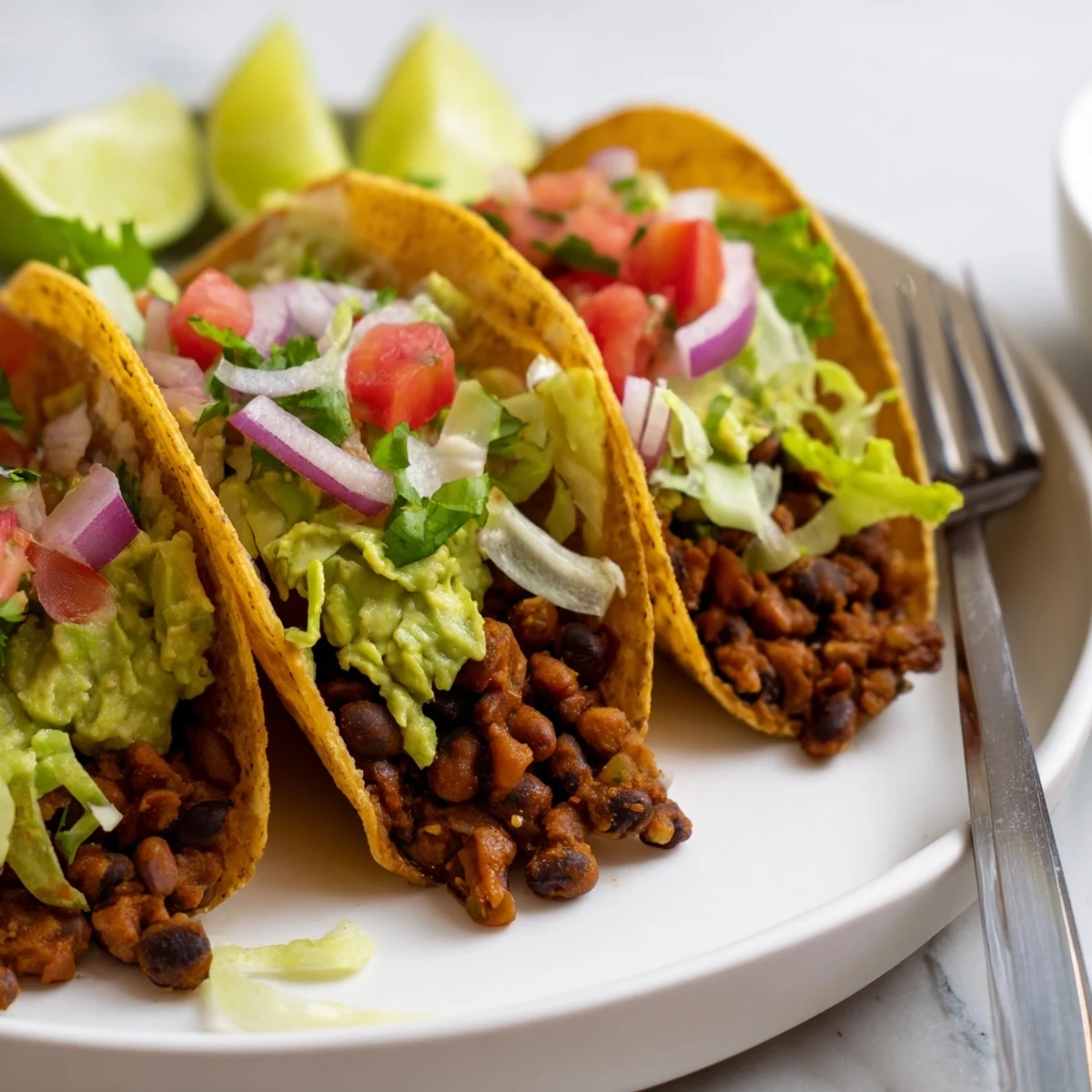 Delicious black bean tacos bursting with spices, fresh toppings, and vibrant colors.  