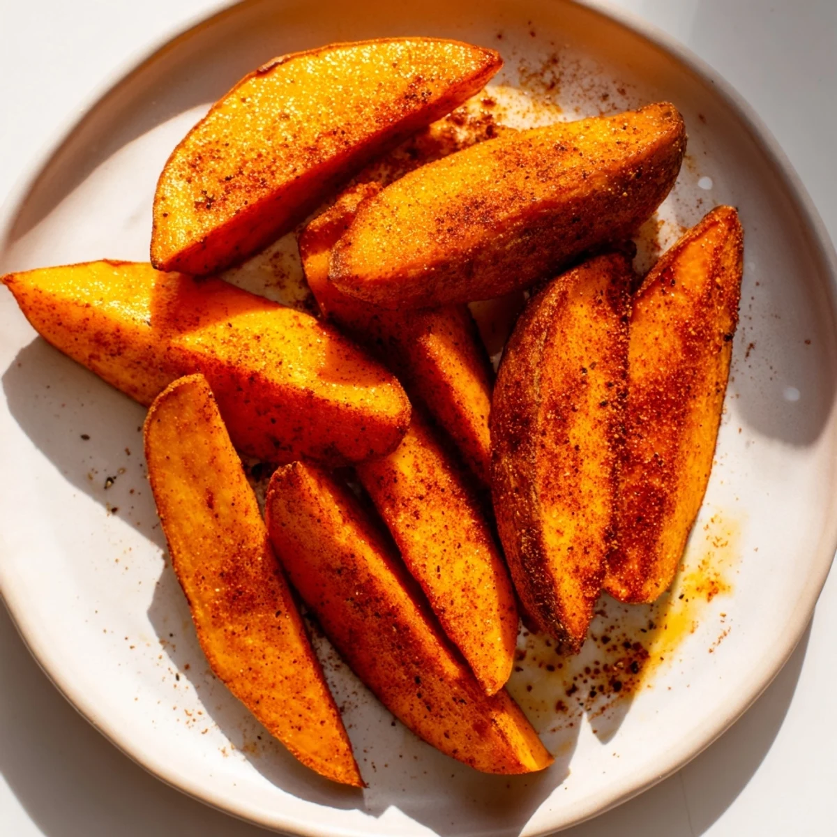 Savory baked sweet potato wedges served hot, ideal with dipping sauces.