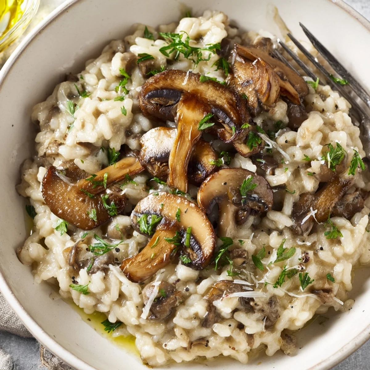 A rich, comforting Creamy Mushroom Risotto topped with truffle oil and parsley.  