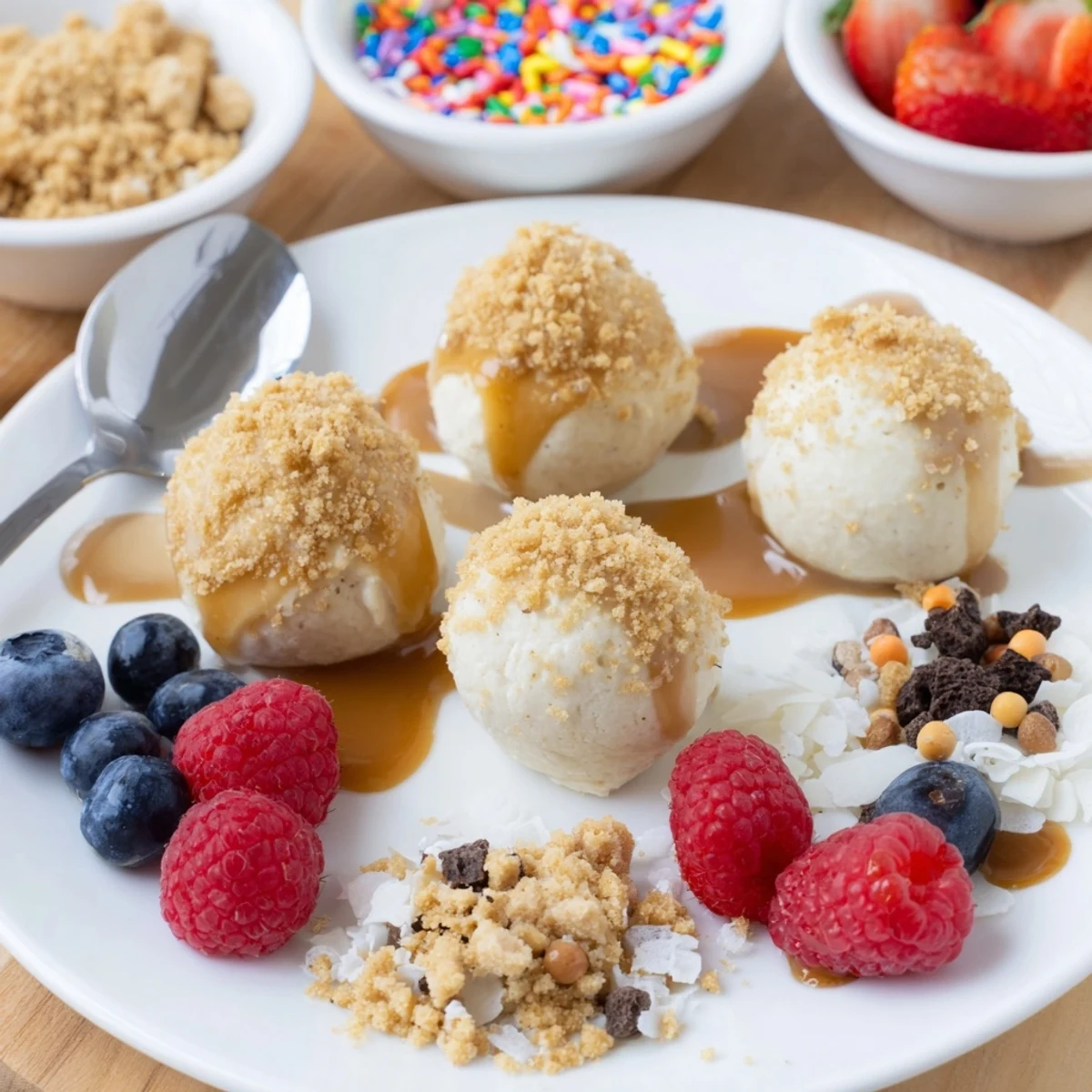 Delightful deconstructed dessert board with cheesecake bites and colorful toppings galore.  