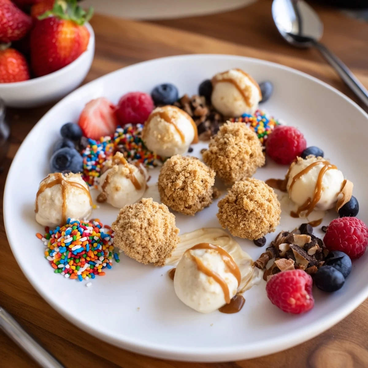 Interactive dessert board showcasing cheesecake bites alongside vibrant, tasty toppings selection.