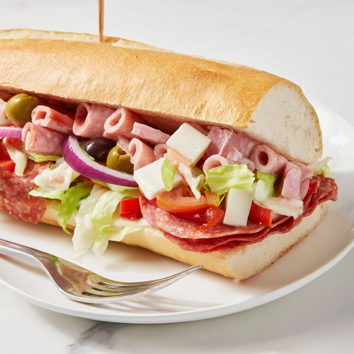 Colorful Flavor Mash-Up Sandwiches stacked high with Italian flavors and creamy dressing.  