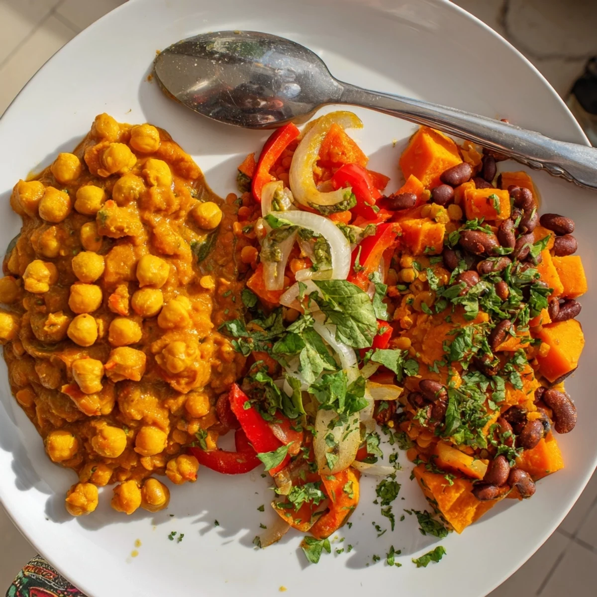 Thai red lentil curry bubbling with vegetables, infused with coconut milk and lime.  
