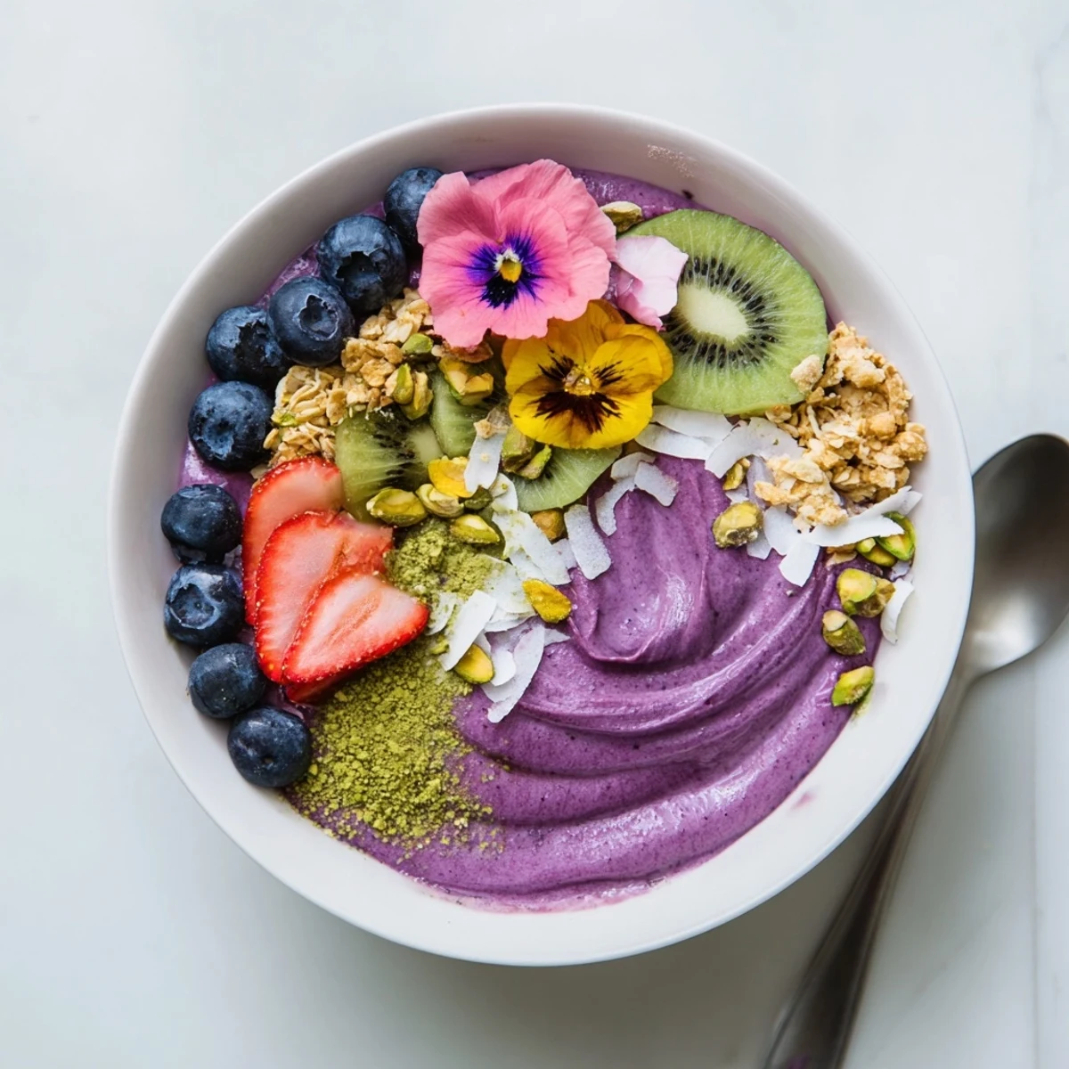 Colorful Vibrant Smoothie Bowls with fresh fruits and crunchy toppings for breakfast.