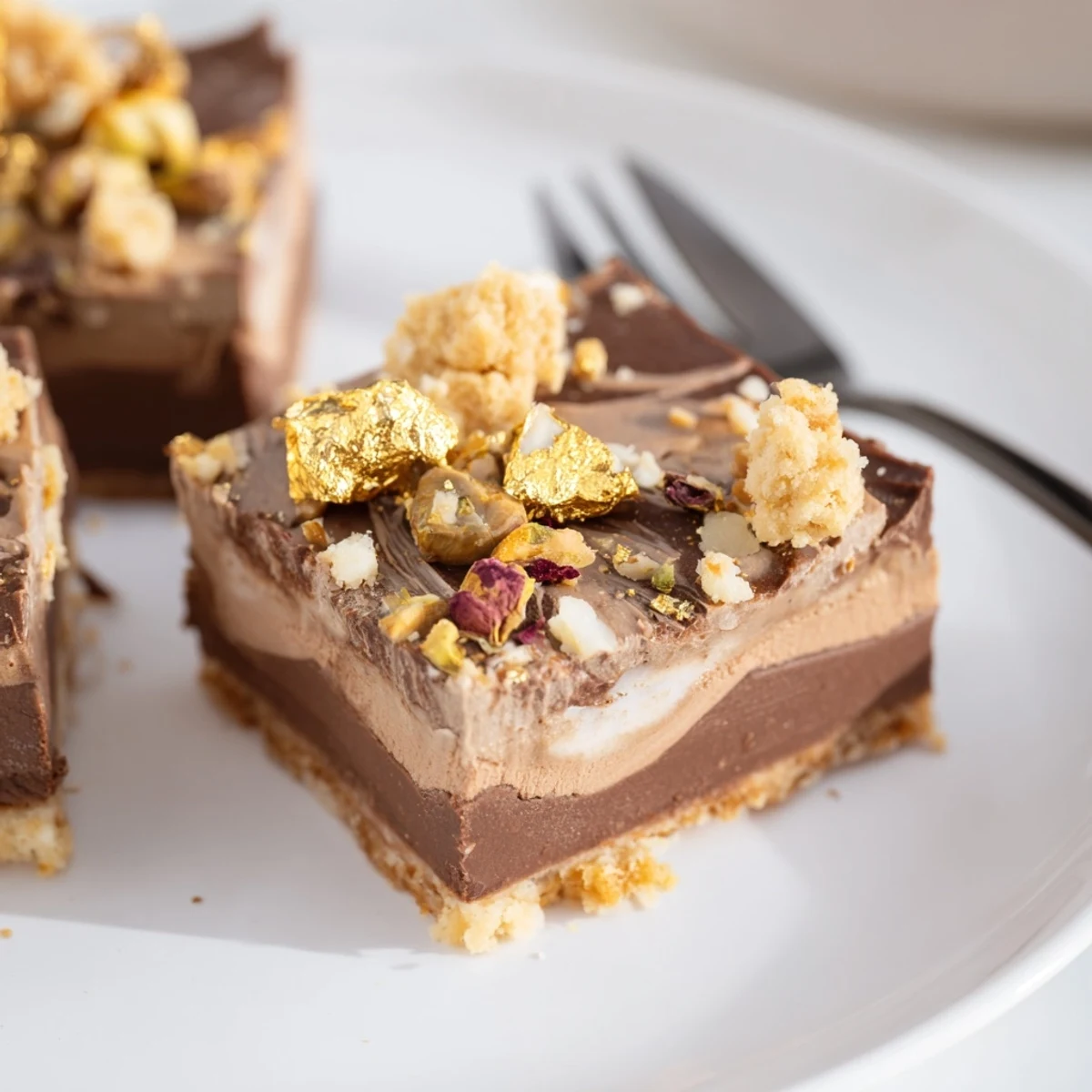 Decadent chocolate bar inspired creations layered with pistachios and rich date caramel.  