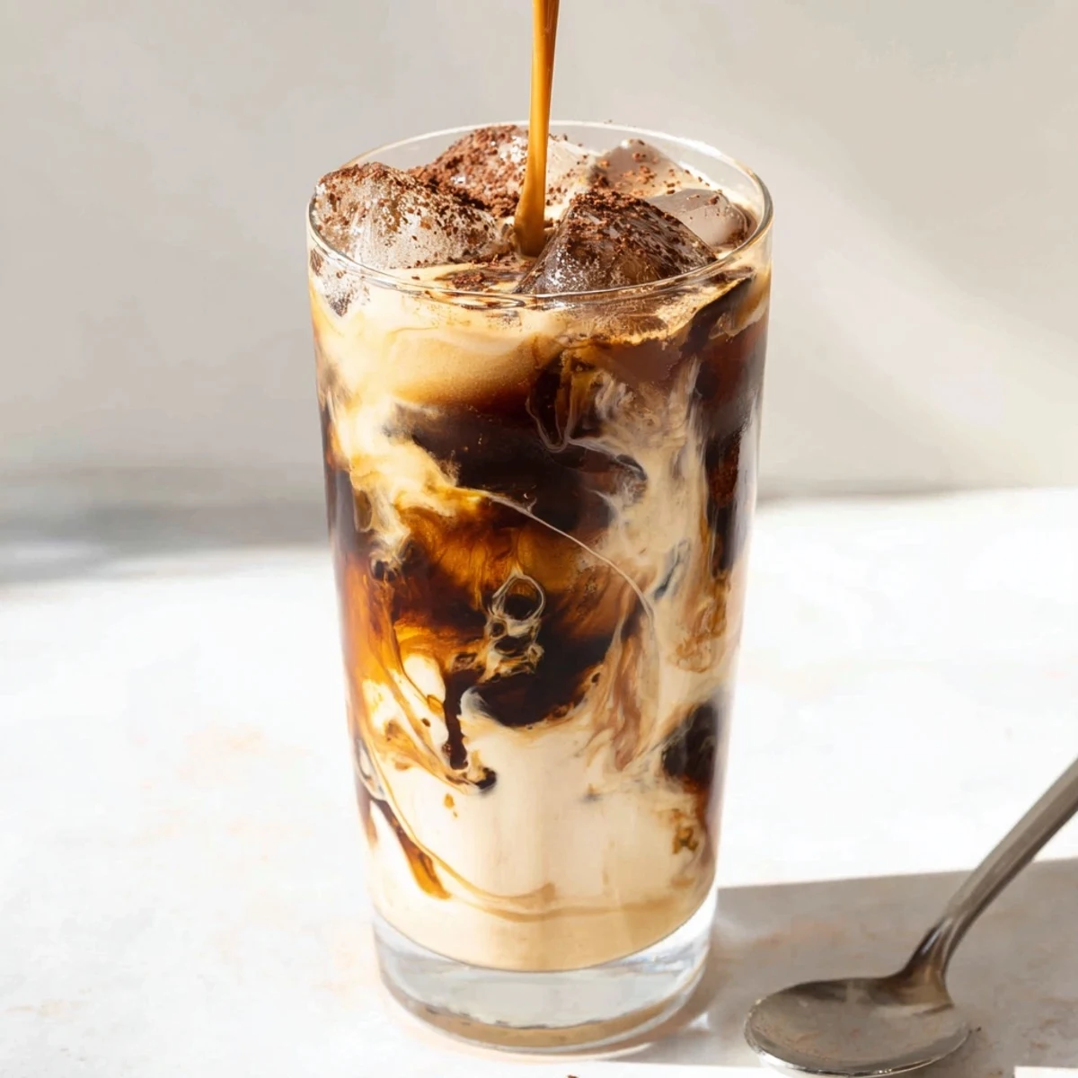 Creamy tahini iced coffee topped with plant milk and ice cubes for refreshing enjoyment.  