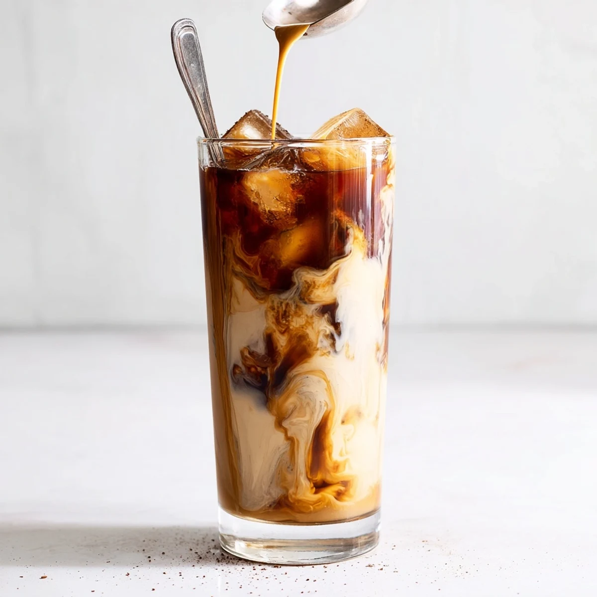 Deliciously nutty tahini iced coffee garnished with cocoa powder, a vegan treat to savor.
