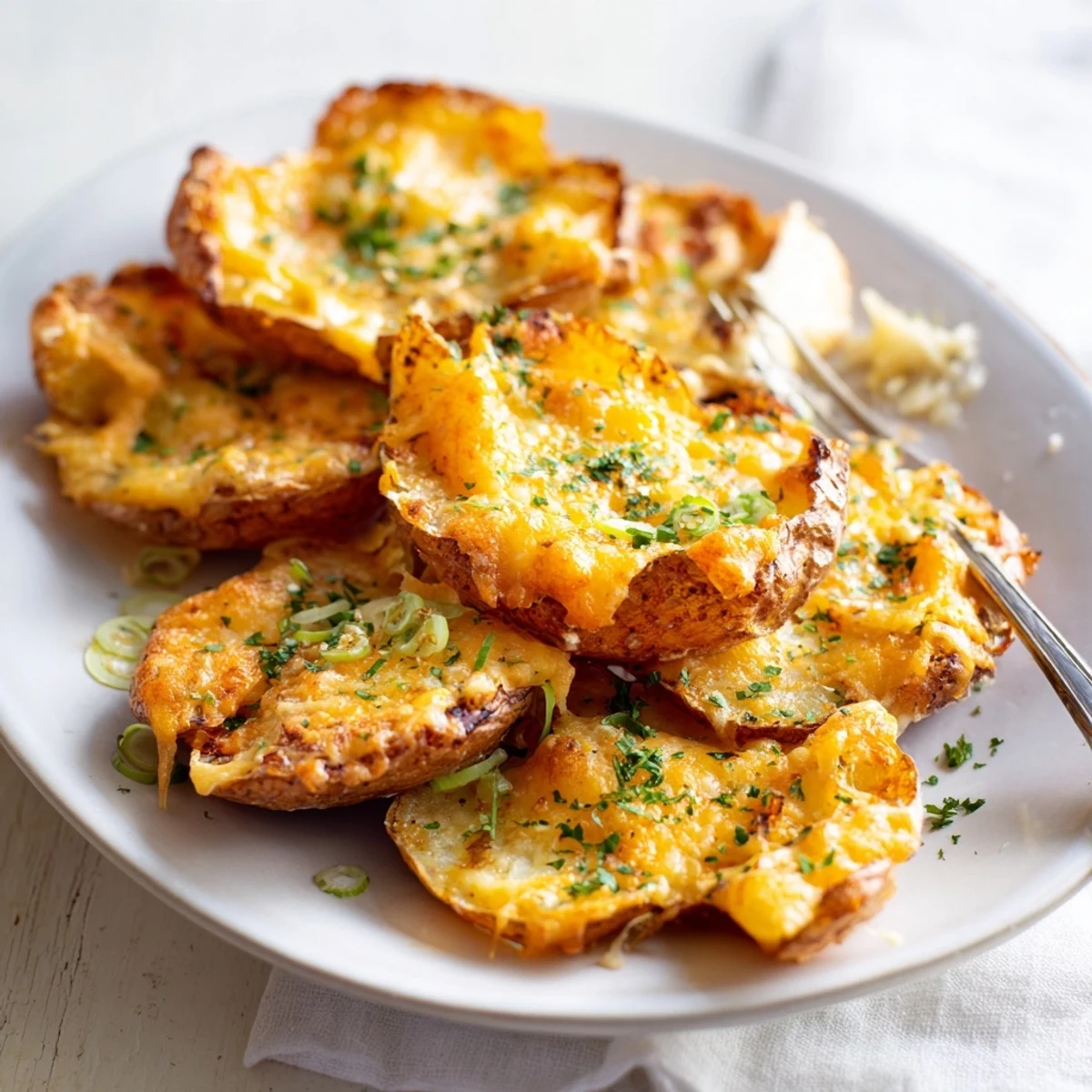 Golden, cheesy smashed green onion potato bombs ideal for appetizers or side dishes.