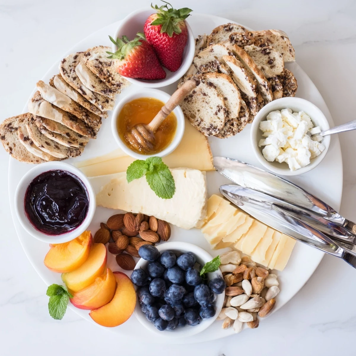 Elegant jam-infused brunch board arranged with creamy cheeses, sweet jams, and rustic breads.