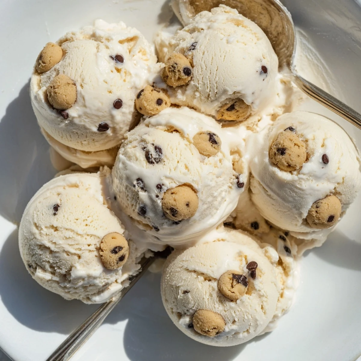 Guilt-free cottage cheese ice cream served with sweet, edible cookie dough pieces.
