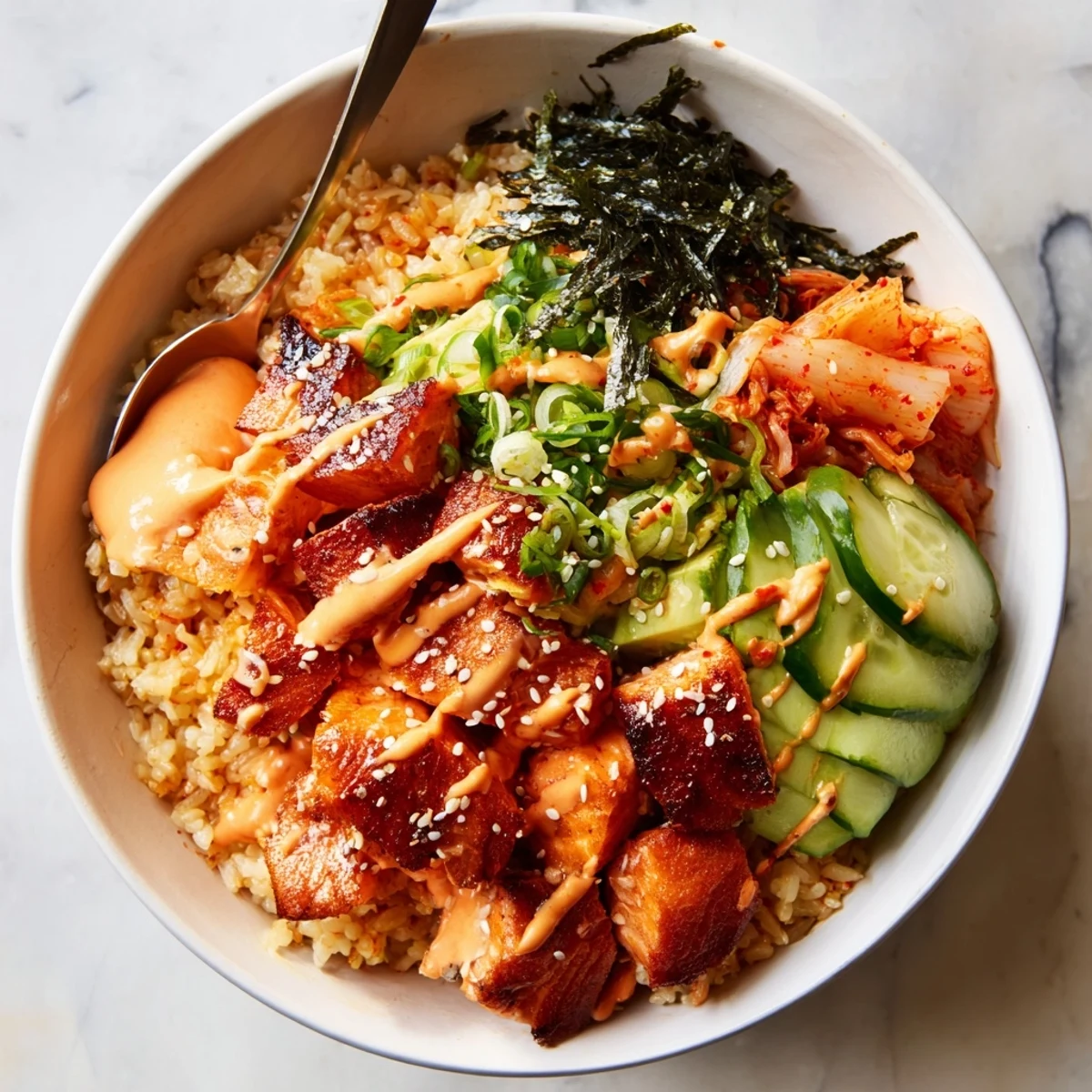 Crispy Salmon Rice Bowl topped with vibrant avocado and spicy mayo drizzles.  