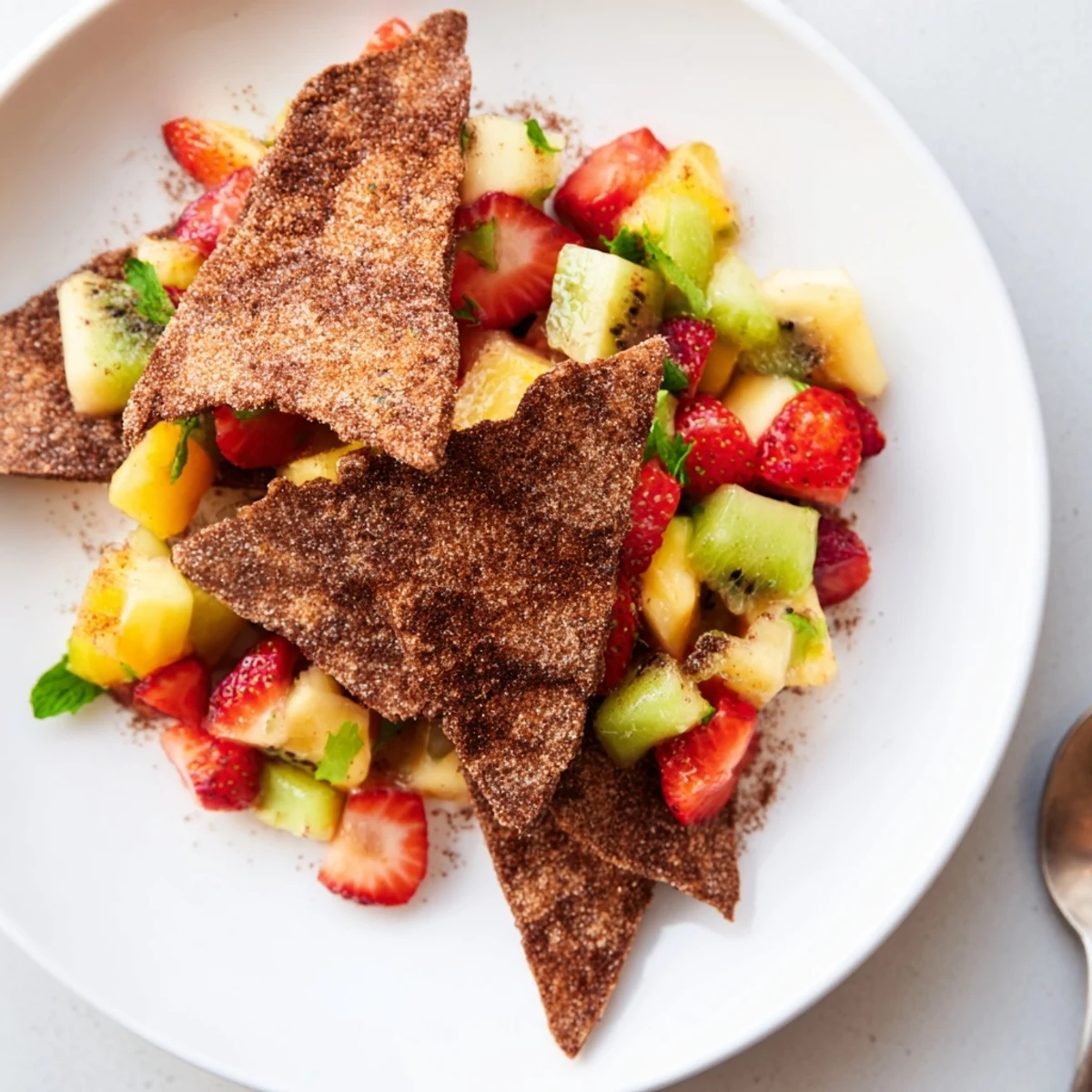 Homemade chocolate tortilla chips paired with colorful fruit salsa for dessert delight.