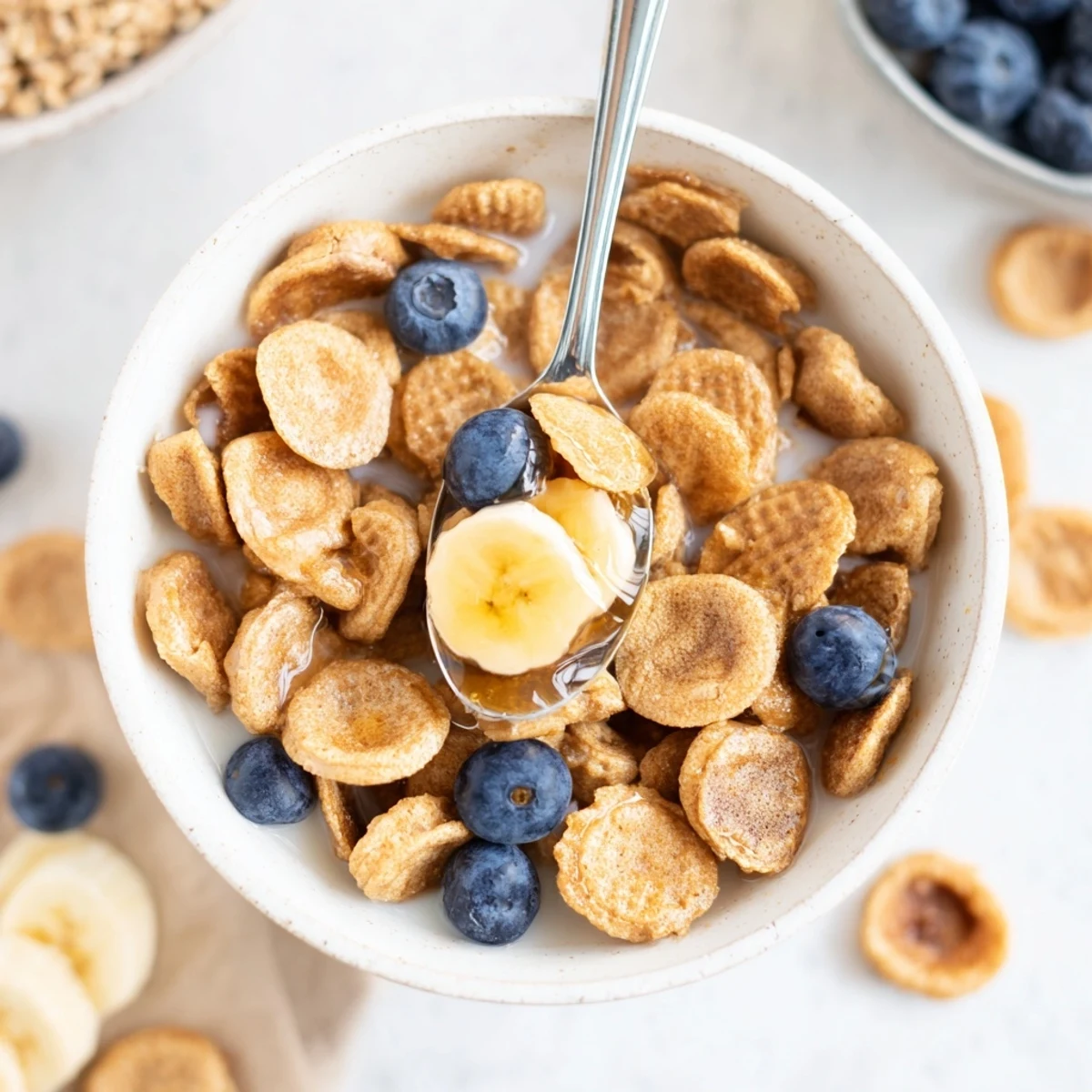 Delicious mini pancake cereal topped with fresh berries and maple syrup.  