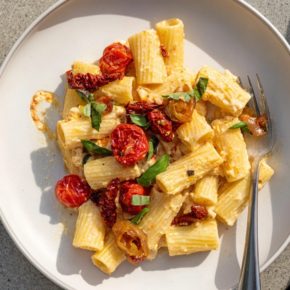 Creamy Baked Feta Pasta topped with caramelized onions and sun-dried tomatoes.  