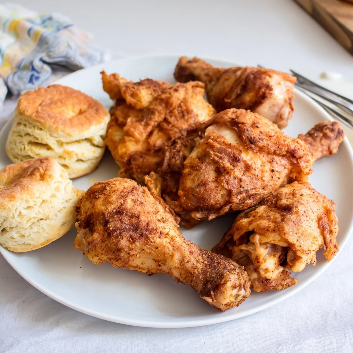 Golden brown Southern Fried Chicken with flaky biscuits, perfect for family gatherings.