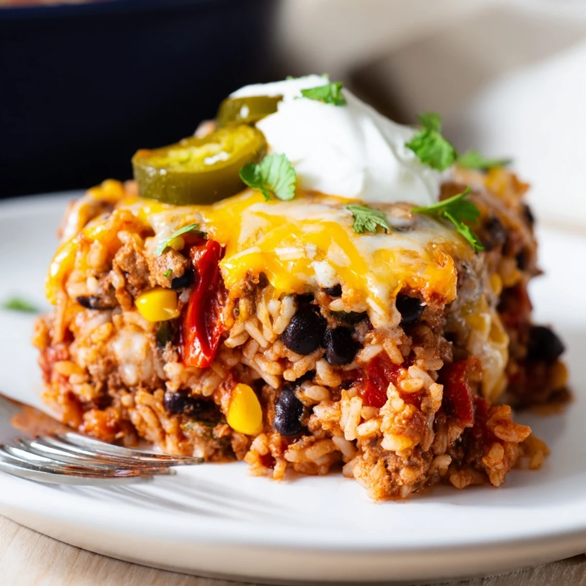 Flavor-packed Tex-Mex Beef & Rice Casserole bursting with zesty tomato and beans.  