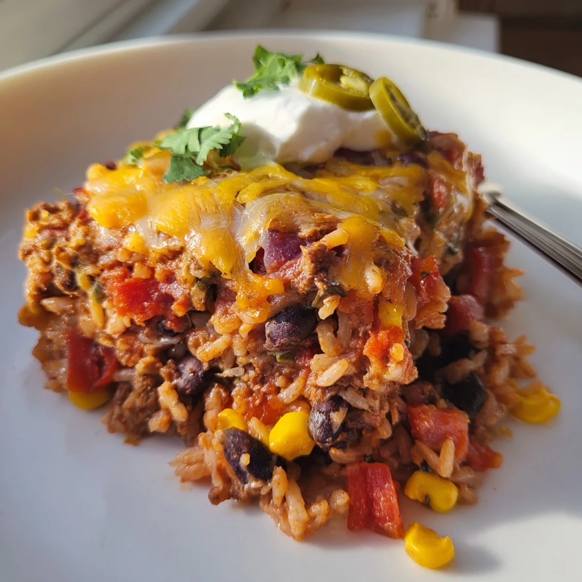 Comforting Tex-Mex Beef & Rice Casserole served hot, perfect for family dinners.