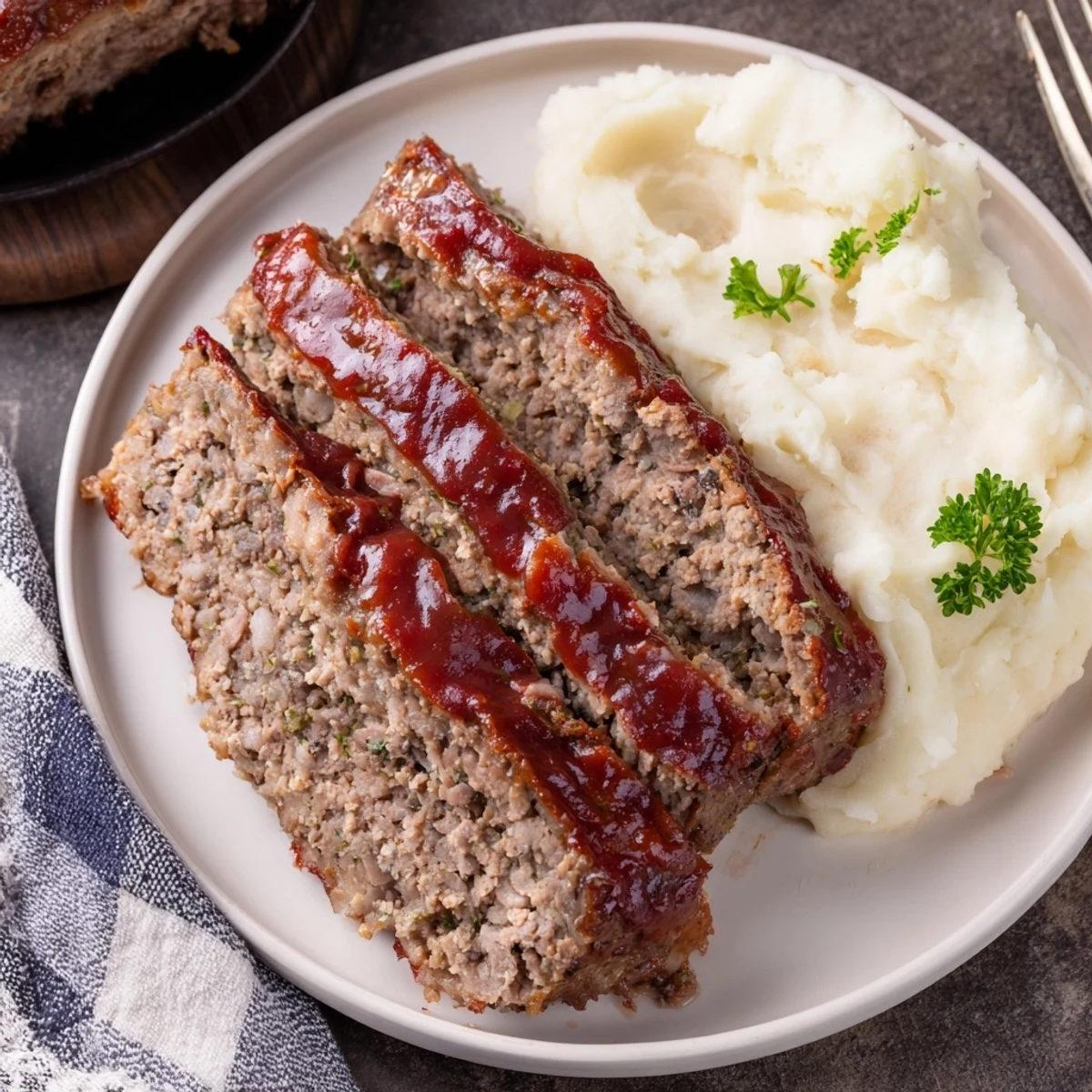 Sizzling classic meatloaf drizzled with tangy glaze and creamy mashed potatoes.