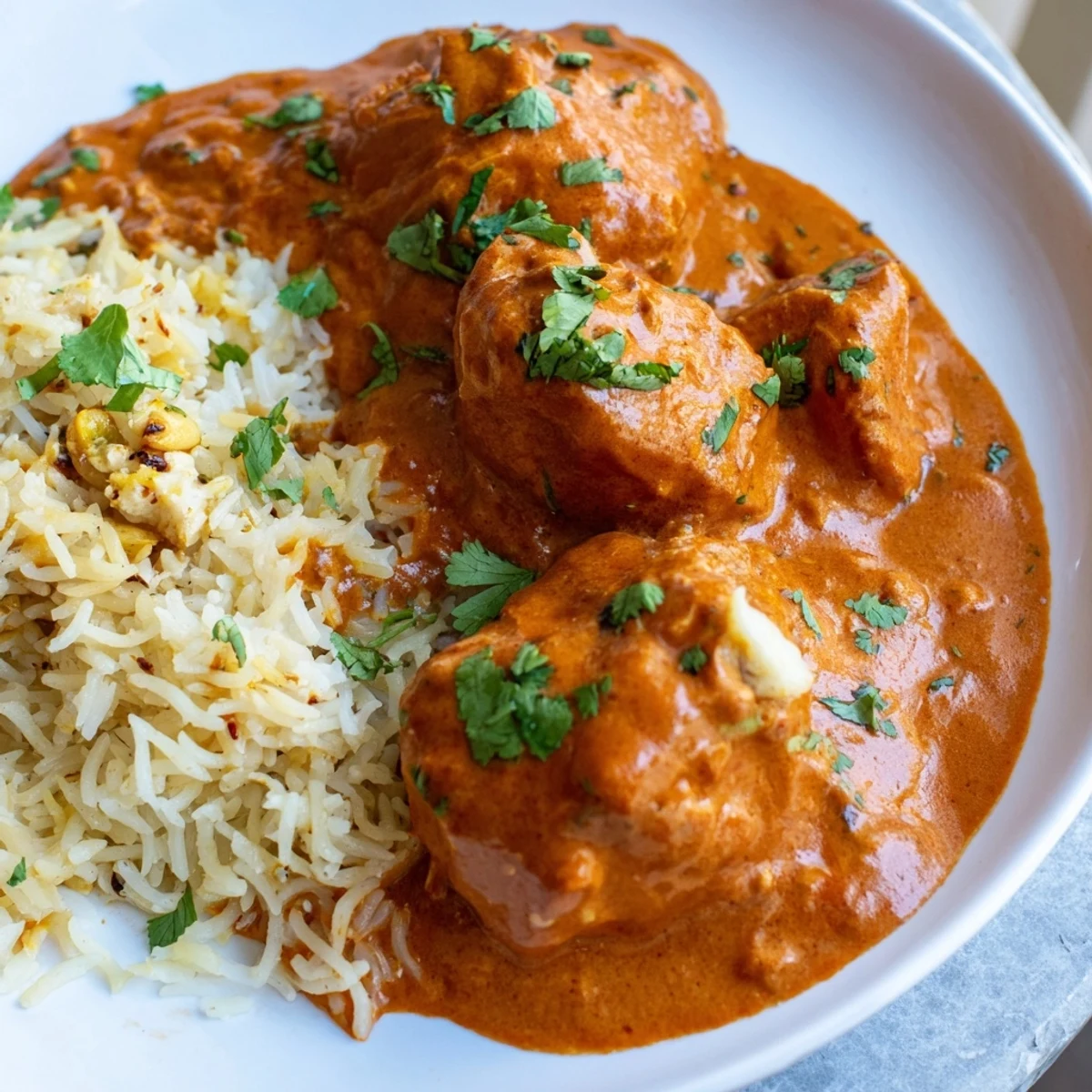A steaming plate of Butter Chicken & Rice Pilaf garnished with fresh cilantro.  
