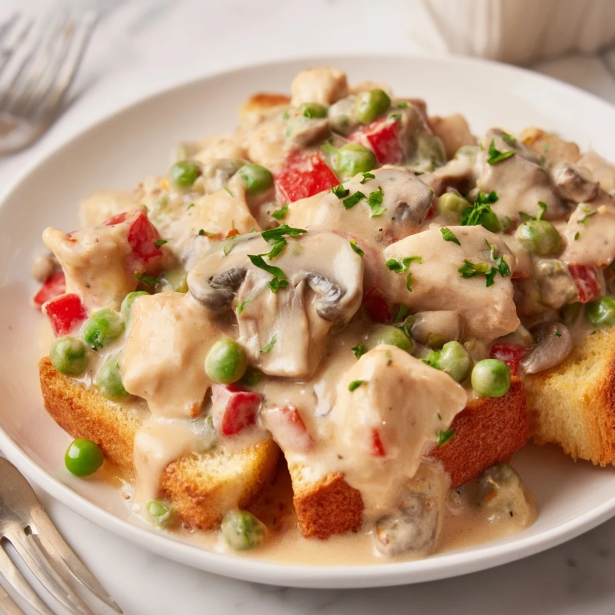 Delicious Chicken à la King topped with vibrant peas and peppers on crispy toast.