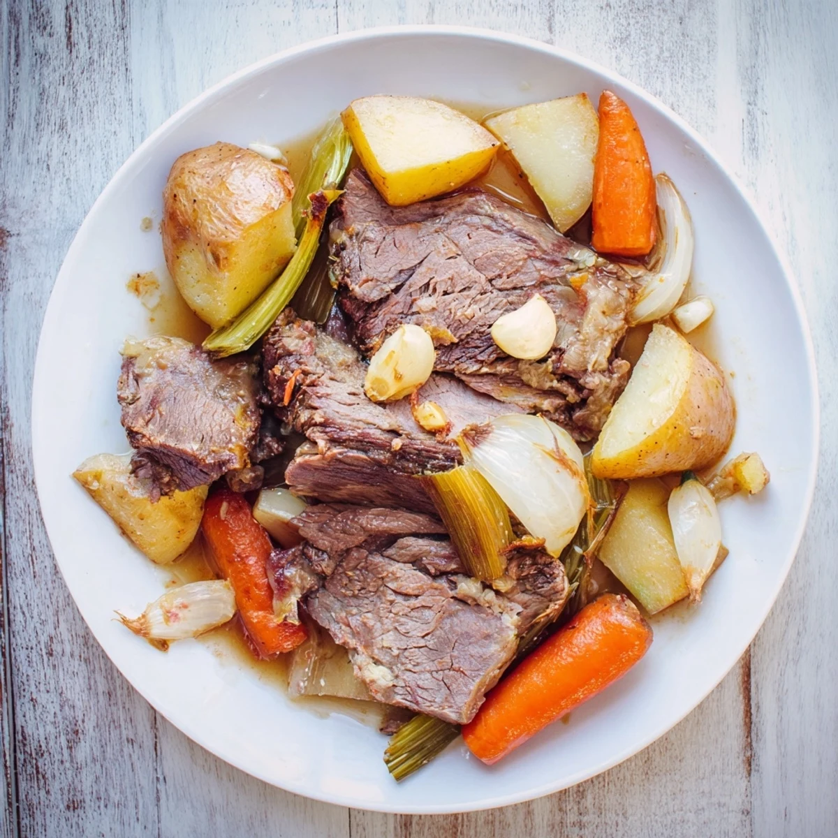 Succulent Sunday pot roast served with vibrant roasted veggies and aromatic herbs.  