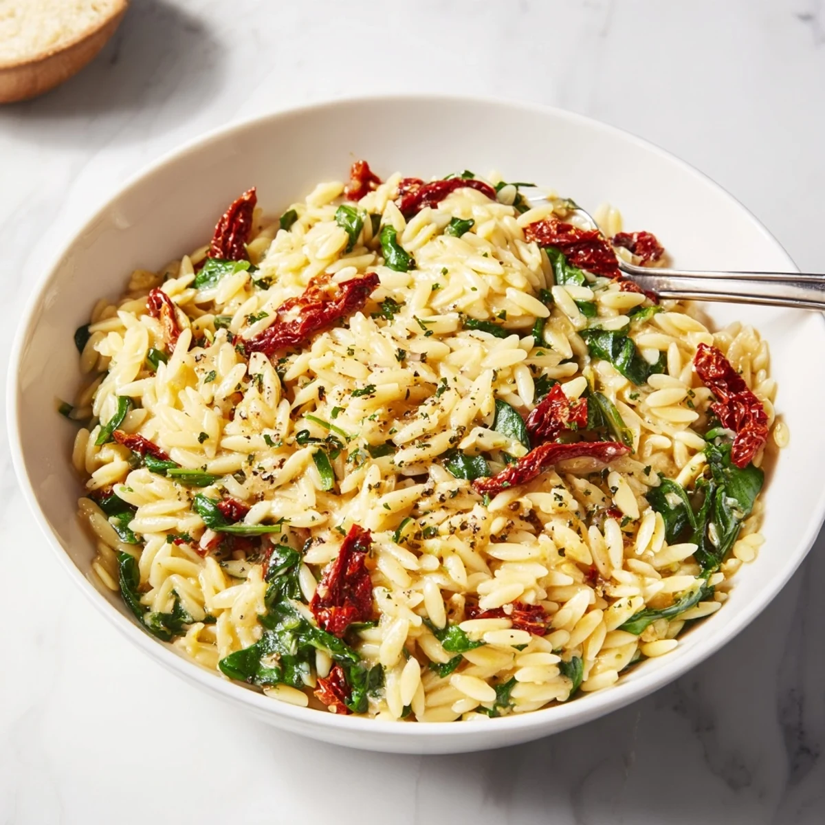 Creamy Tuscan Orzo Bowl topped with fresh spinach and sun-dried tomatoes.