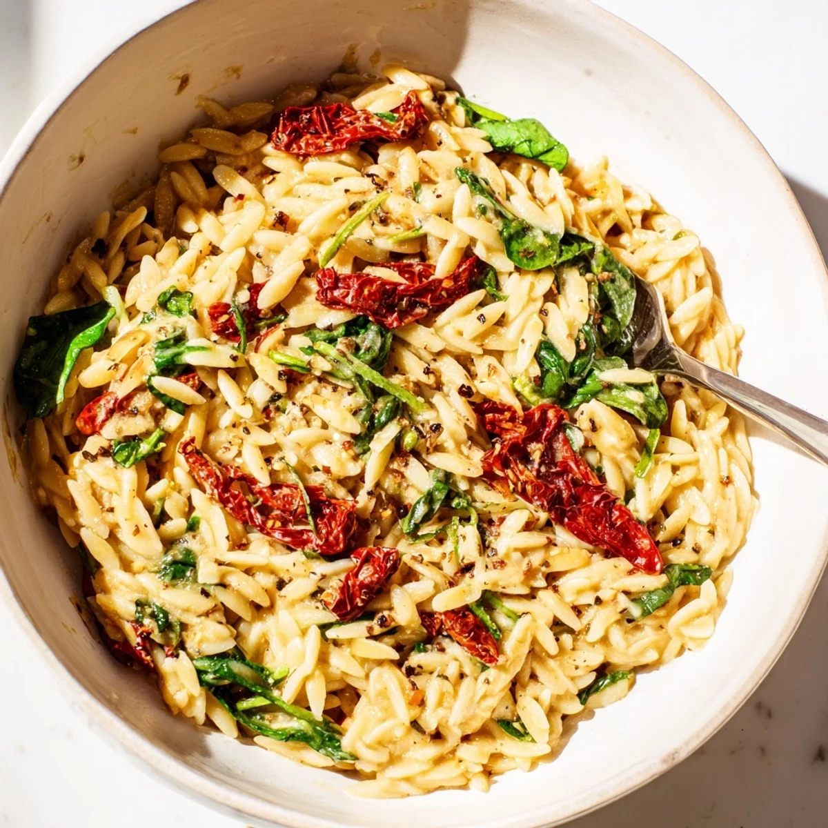 A comforting Creamy Tuscan Orzo Bowl, rich with garlic and Parmesan flavors.