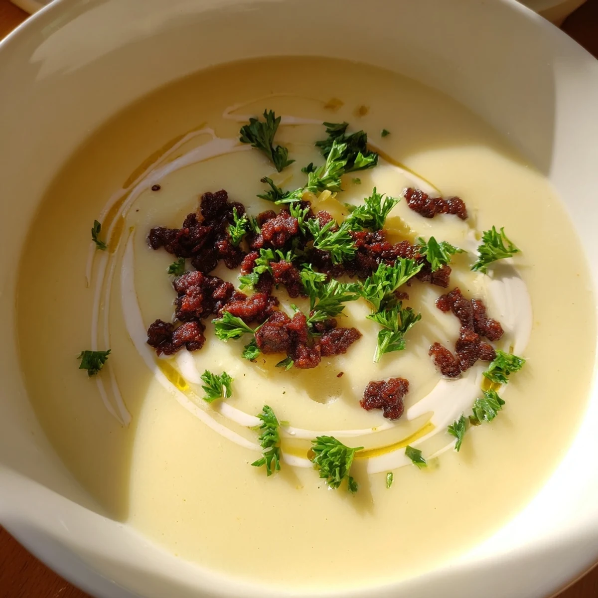 Creamy Potato, Leek & Chorizo Soup ladled into a bowl, perfect for a cozy dinner.