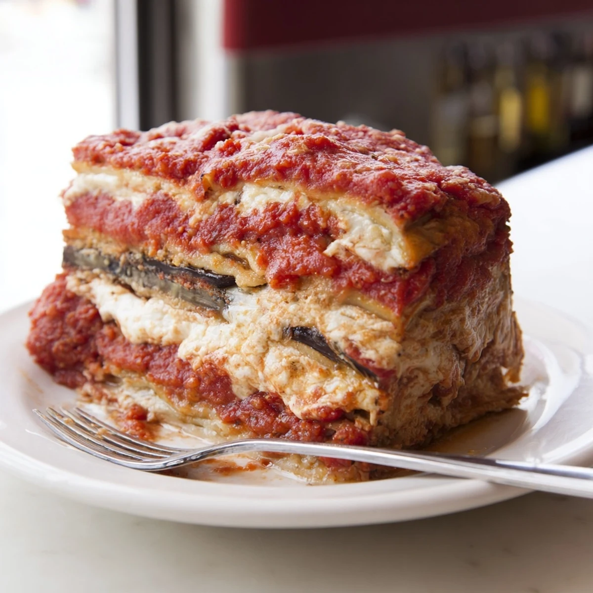Golden and bubbling Eggplant Parmesan Lasagna, layered with rich cheese and tender eggplant slices.