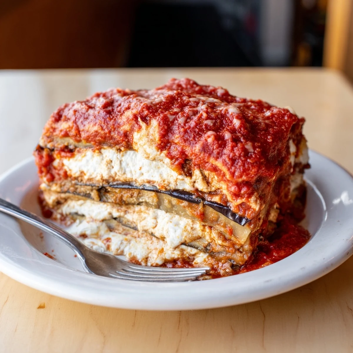 A hearty serving of freshly baked Eggplant Parmesan Lasagna, topped with melted mozzarella and fresh basil.