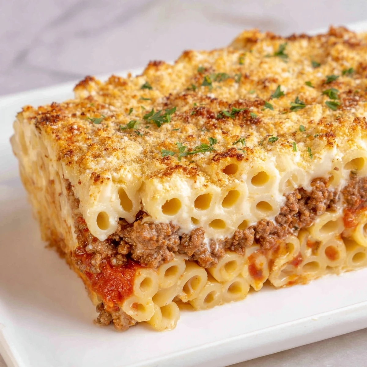 Golden-brown Greek Pastitsio, a comforting baked pasta layered with beef and creamy béchamel.
