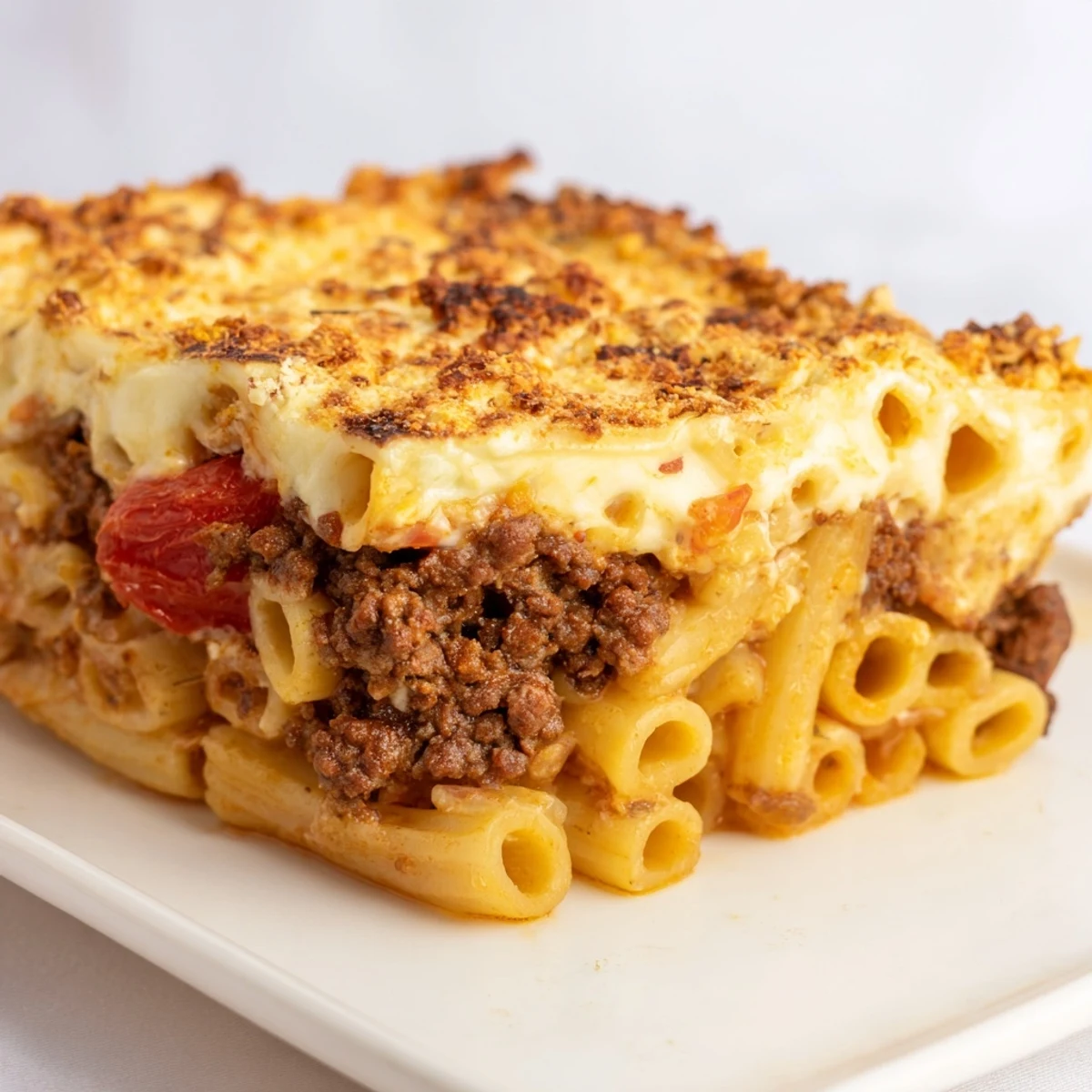 A close-up of a bubbling Greek Pastitsio, showcasing the savory beef and luscious, cheesy topping.