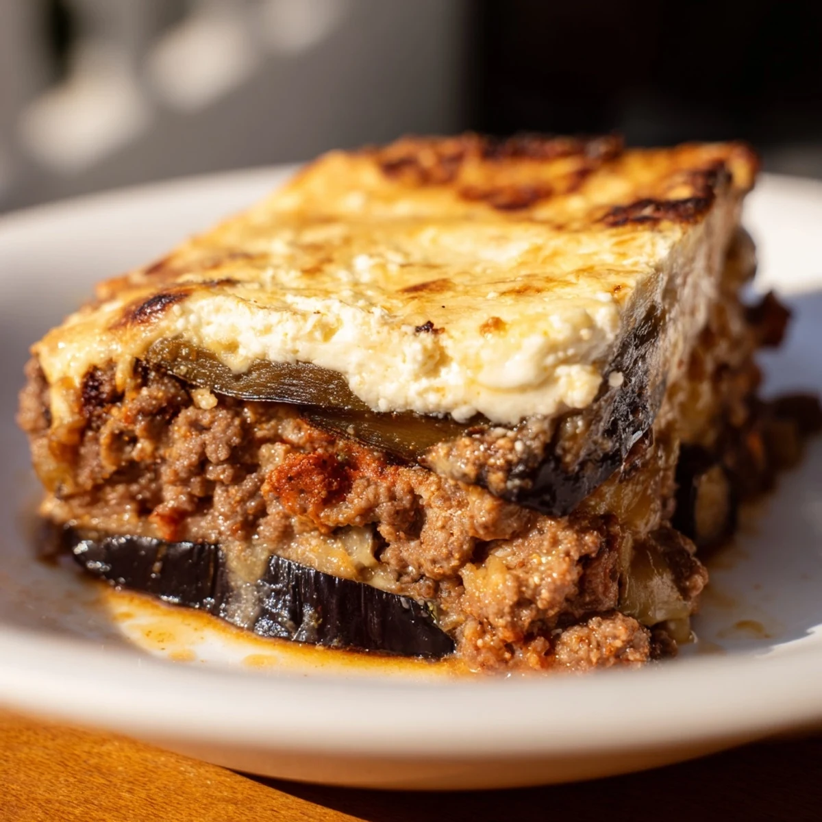 Golden-brown bubbly Moussaka, layered with tender eggplant, hearty beef, and a creamy béchamel topping.